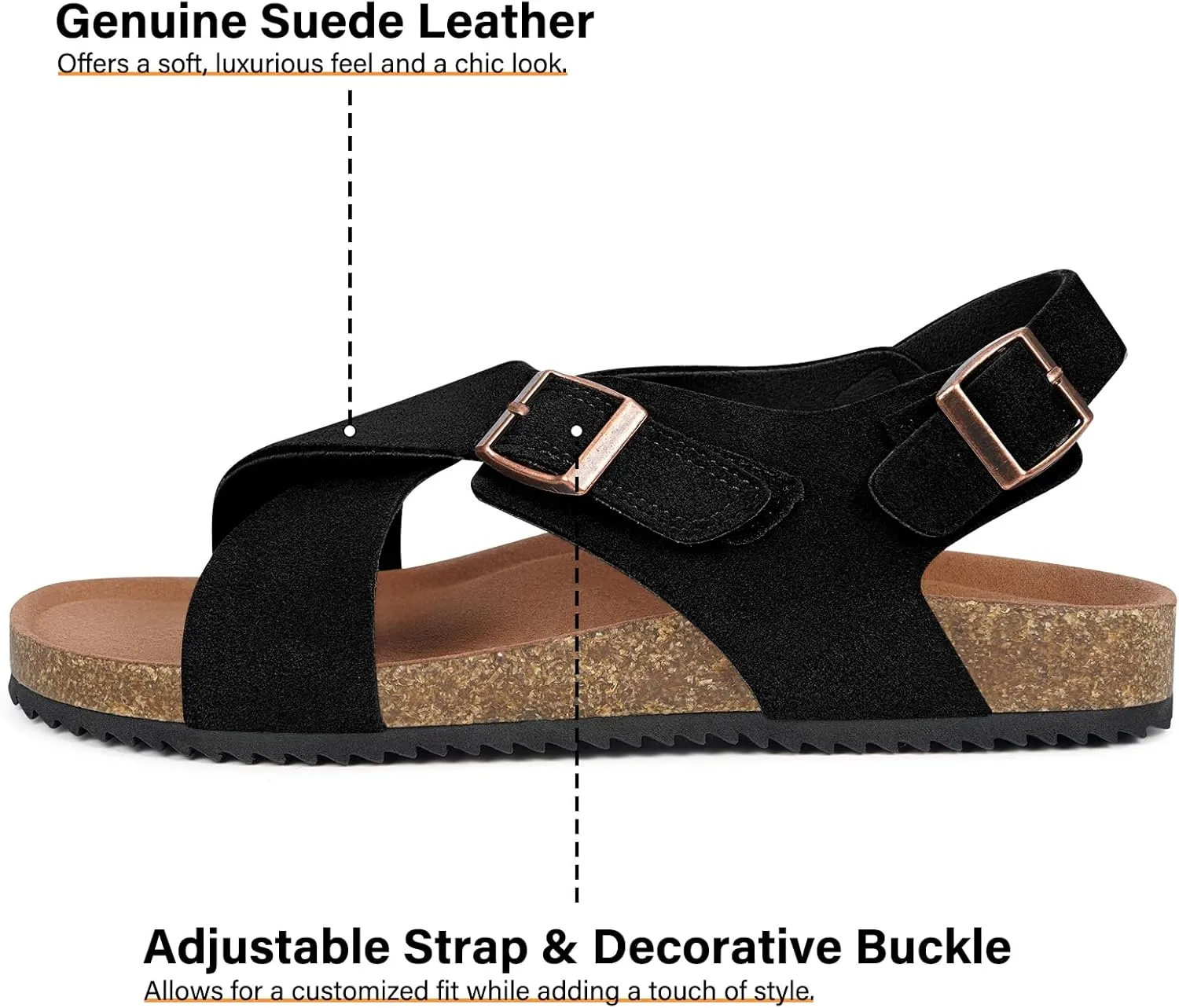 Intini Women's Cork Footbed Sandals with Arch Support Suede Leather Flat Slides Sandals Comfort Open Toe Slip On Shoes for Outdoor Summer Adjustable Buckle & Crisscross Band