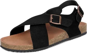 Intini Women's Cork Footbed Sandals with Arch Support Suede Leather Flat Slides Sandals Comfort Open Toe Slip On Shoes for Outdoor Summer Adjustable Buckle & Crisscross Band