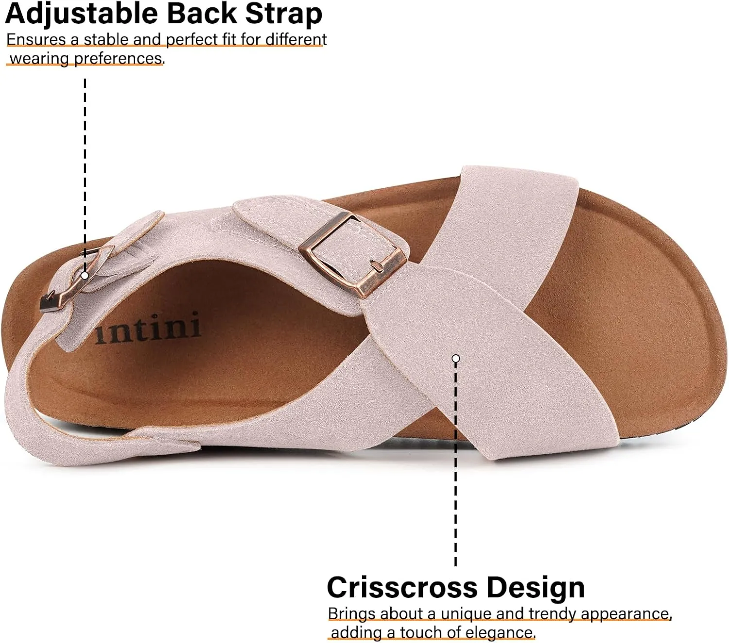 Intini Women's Cork Footbed Sandals with Arch Support Suede Leather Flat Slides Sandals Comfort Open Toe Slip On Shoes for Outdoor Summer Adjustable Buckle & Crisscross Band