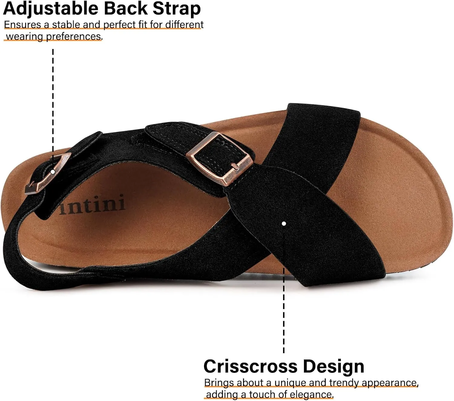 Intini Women's Cork Footbed Sandals with Arch Support Suede Leather Flat Slides Sandals Comfort Open Toe Slip On Shoes for Outdoor Summer Adjustable Buckle & Crisscross Band