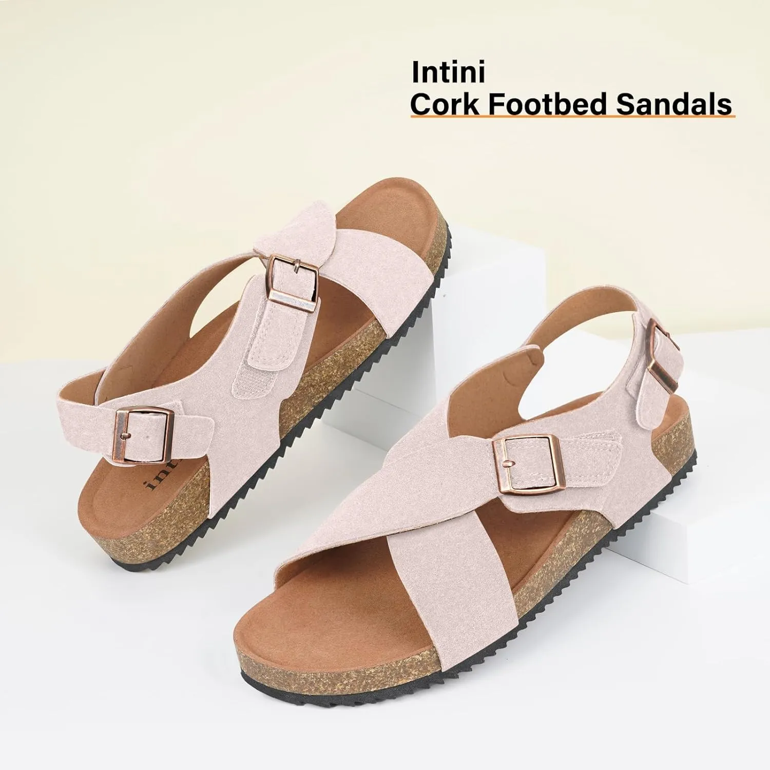 Intini Women's Cork Footbed Sandals with Arch Support Suede Leather Flat Slides Sandals Comfort Open Toe Slip On Shoes for Outdoor Summer Adjustable Buckle & Crisscross Band