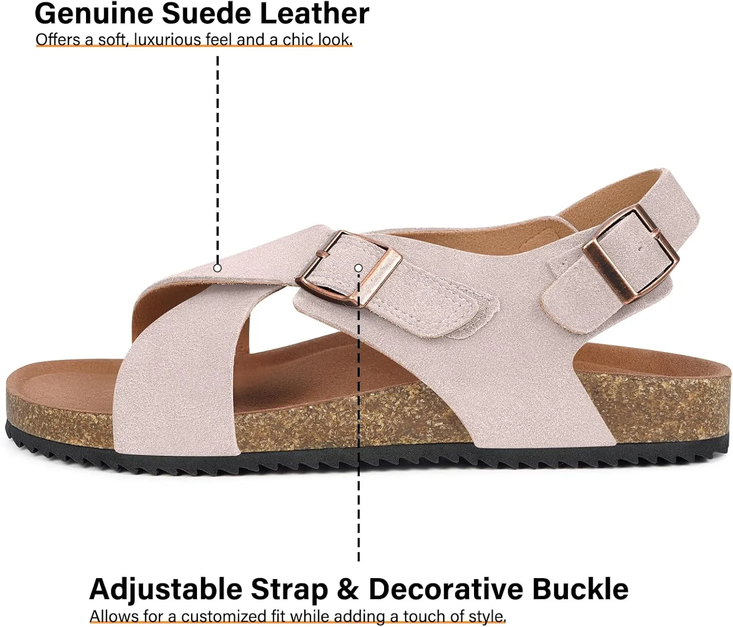Intini Women's Cork Footbed Sandals with Arch Support Suede Leather Flat Slides Sandals Comfort Open Toe Slip On Shoes for Outdoor Summer Adjustable Buckle & Crisscross Band
