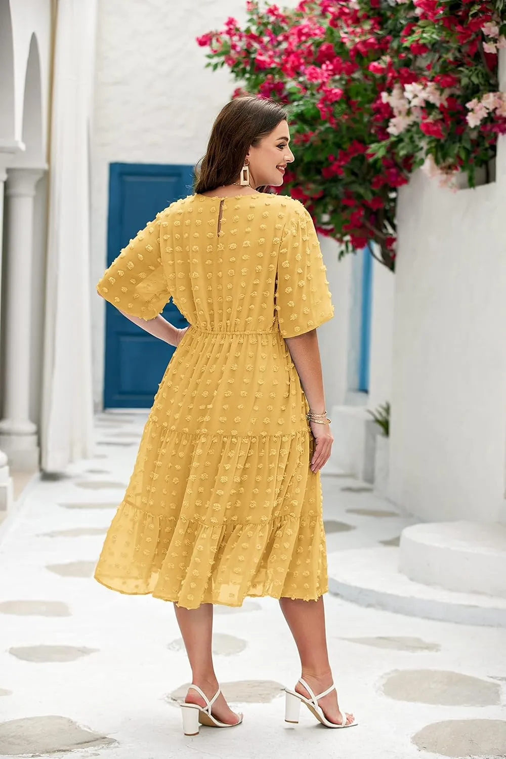 IN'VOLAND Womens Plus Size Swiss Dot Dress Chiffon Short Sleeve High Waist A Line Ruffle Tiered Babydoll Midi Dress