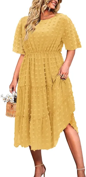 IN'VOLAND Womens Plus Size Swiss Dot Dress Chiffon Short Sleeve High Waist A Line Ruffle Tiered Babydoll Midi Dress