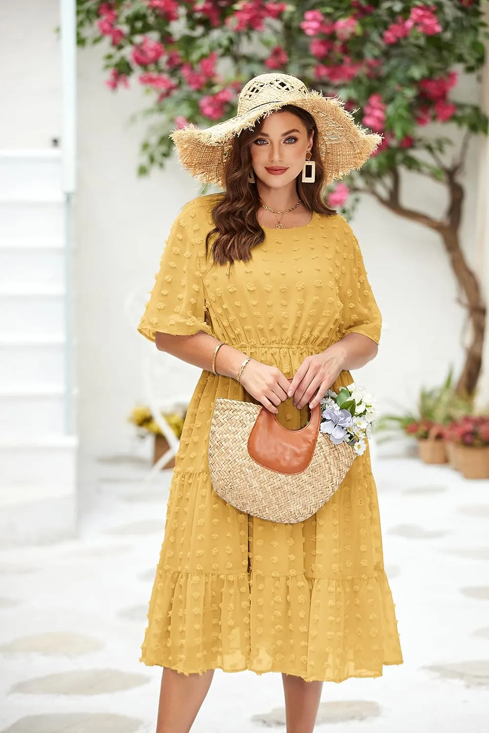 IN'VOLAND Womens Plus Size Swiss Dot Dress Chiffon Short Sleeve High Waist A Line Ruffle Tiered Babydoll Midi Dress