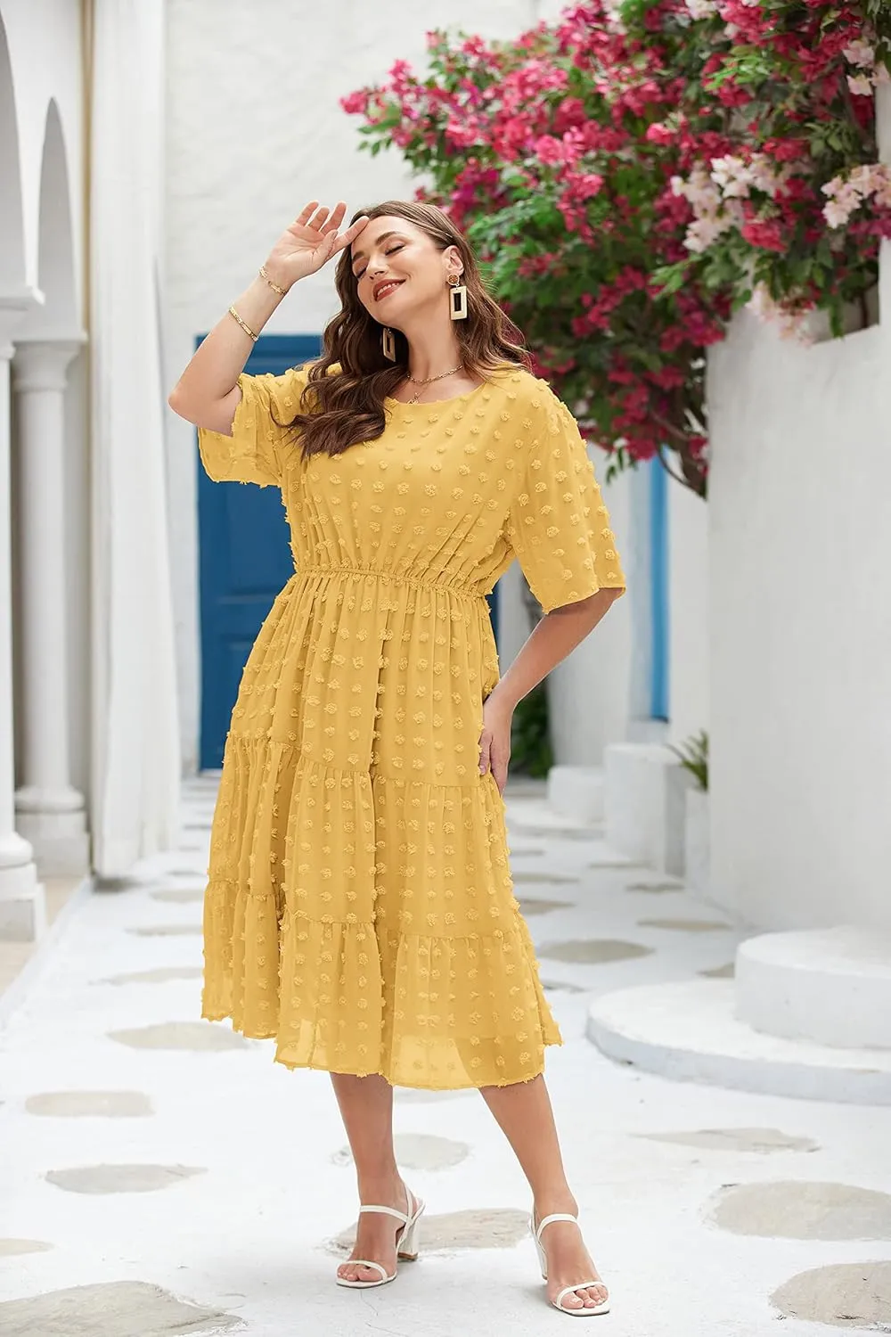IN'VOLAND Womens Plus Size Swiss Dot Dress Chiffon Short Sleeve High Waist A Line Ruffle Tiered Babydoll Midi Dress