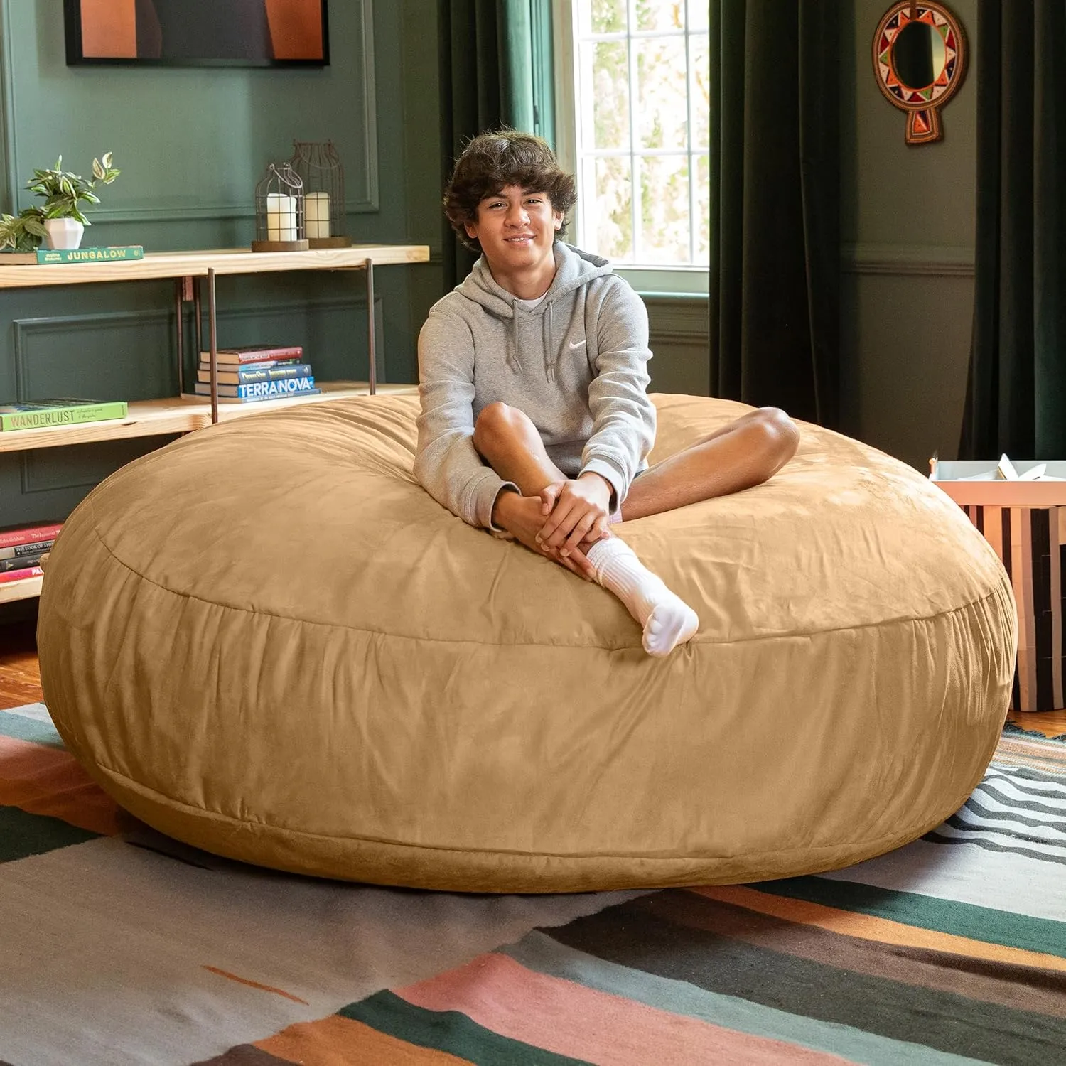 Jaxx 6 Foot Cocoon - 2-in-1 Convertible Bean Bag Bed & Large Bean Bag Chair for Adults, Camel