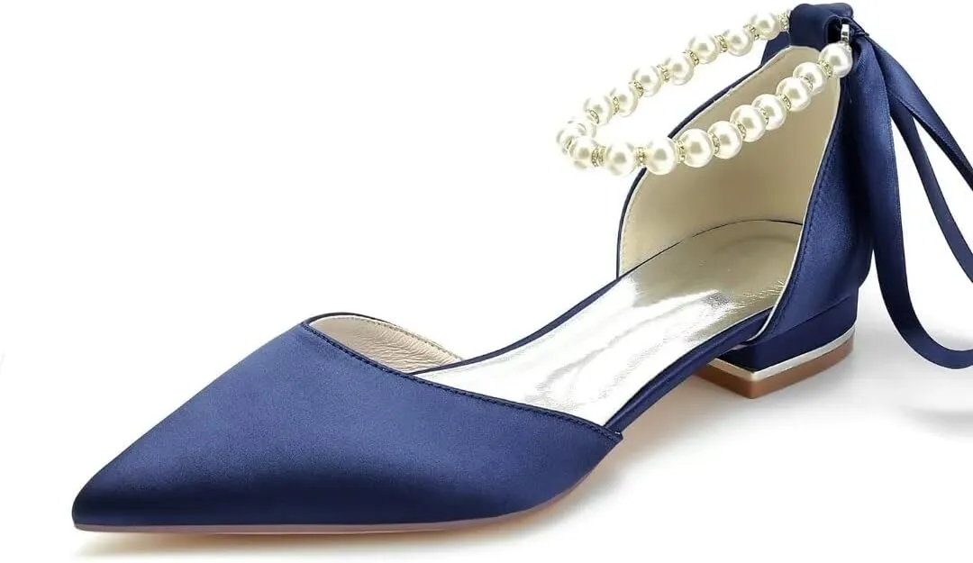 JOEupin Women Pointed Toe Pearl Wedding Flats Satin Flat Bridal Shoes for Bride Prom Evening Bridal Party Dress Flats
