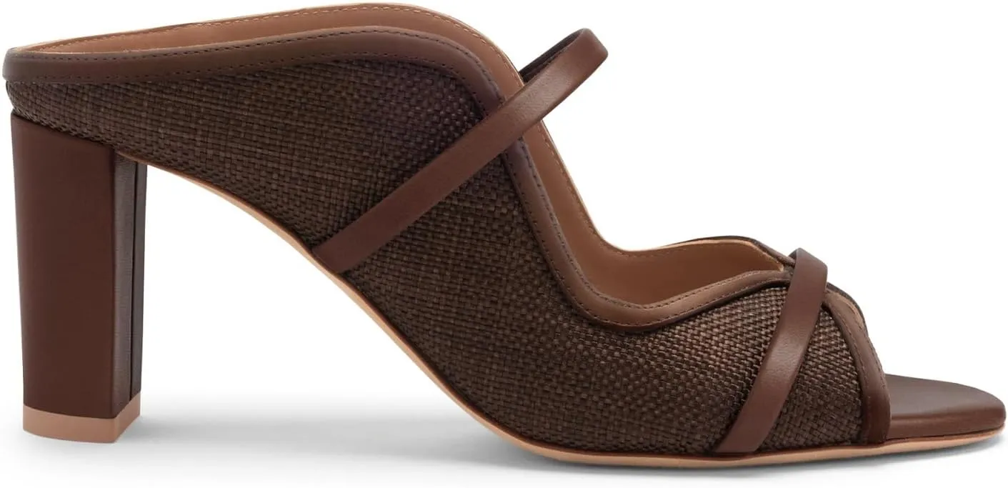 JORISTIMO Women's Raffia Sandals Open Round Toe Woven Leather Mules Cross-Strap Chunky Heel Sandal