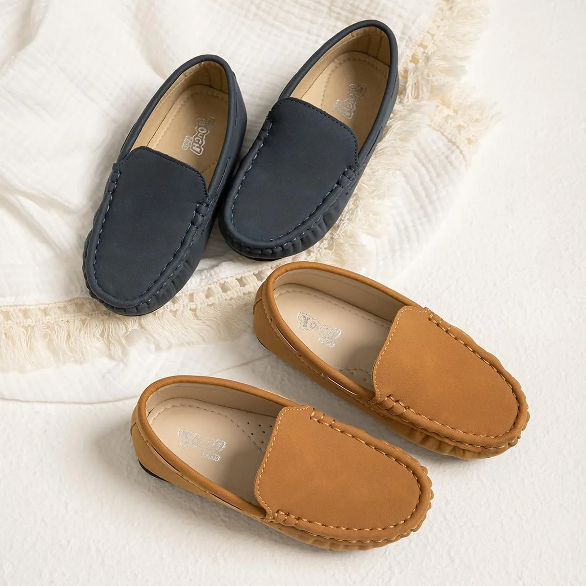 Kannior Boys Girls Leather Loafers Slip-On Texture Flats Boat Dress Moccasin Schooling Daily Walking Shoes(Toddler/Little Kids)
