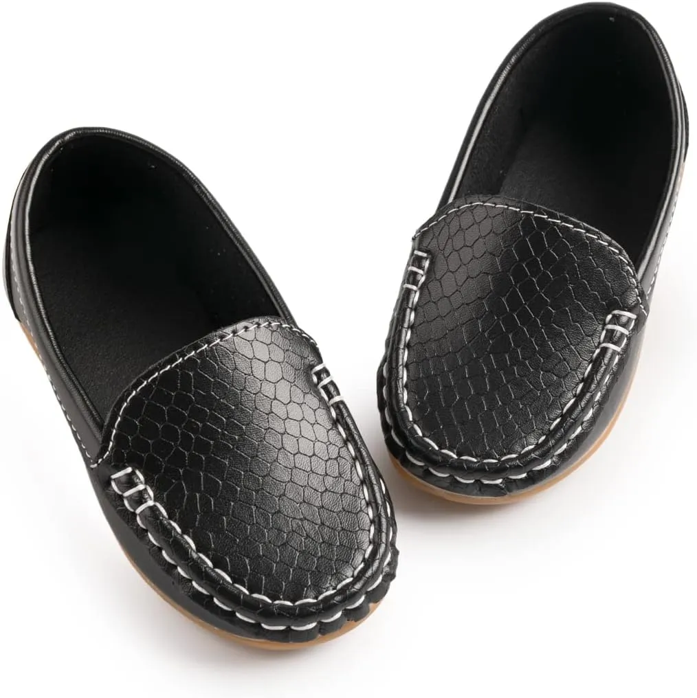Kannior Boys Girls Leather Loafers Slip-On Texture Flats Boat Dress Moccasin Schooling Daily Walking Shoes(Toddler/Little Kids)