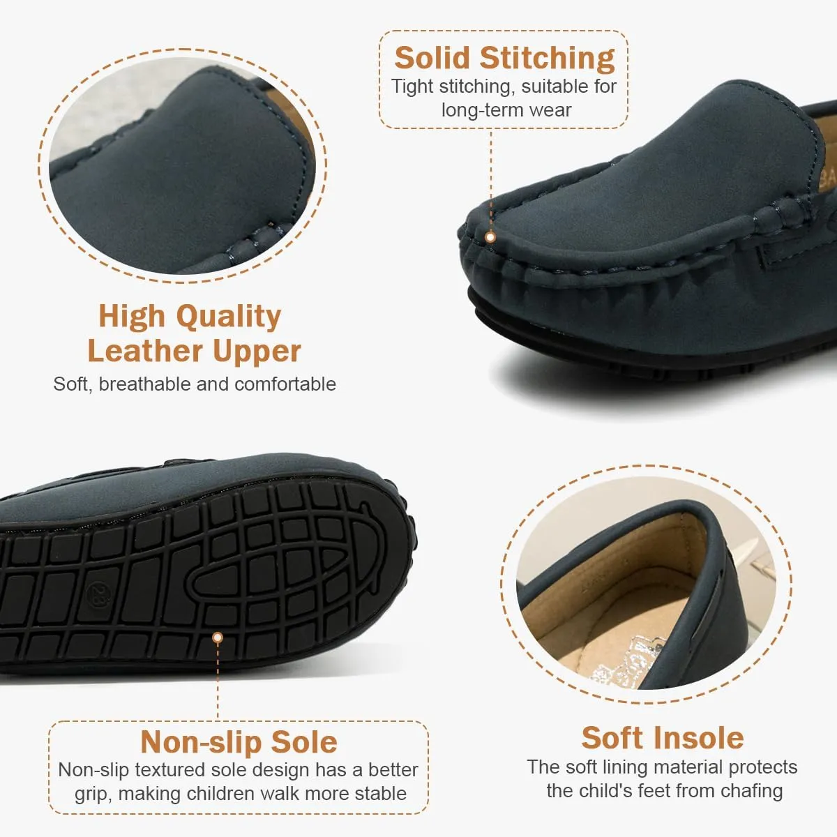 Kannior Boys Girls Leather Loafers Slip-On Texture Flats Boat Dress Moccasin Schooling Daily Walking Shoes(Toddler/Little Kids)