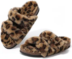 KIDMI Fuzzy Slippers Women with Cork Footbed Fluffy Slides Open Toe Indoor House Shoes | Arch Support | Adjustable Buckles