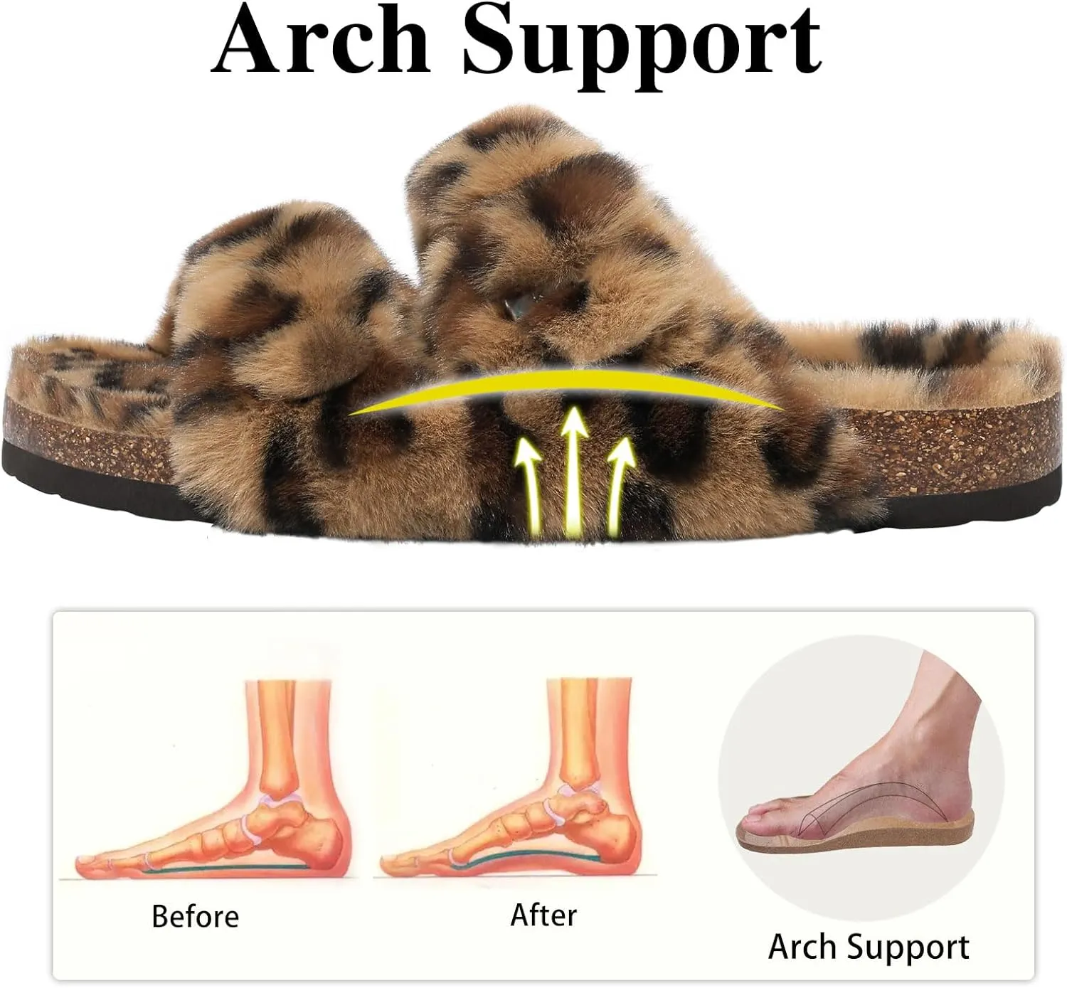 KIDMI Fuzzy Slippers Women with Cork Footbed Fluffy Slides Open Toe Indoor House Shoes | Arch Support | Adjustable Buckles