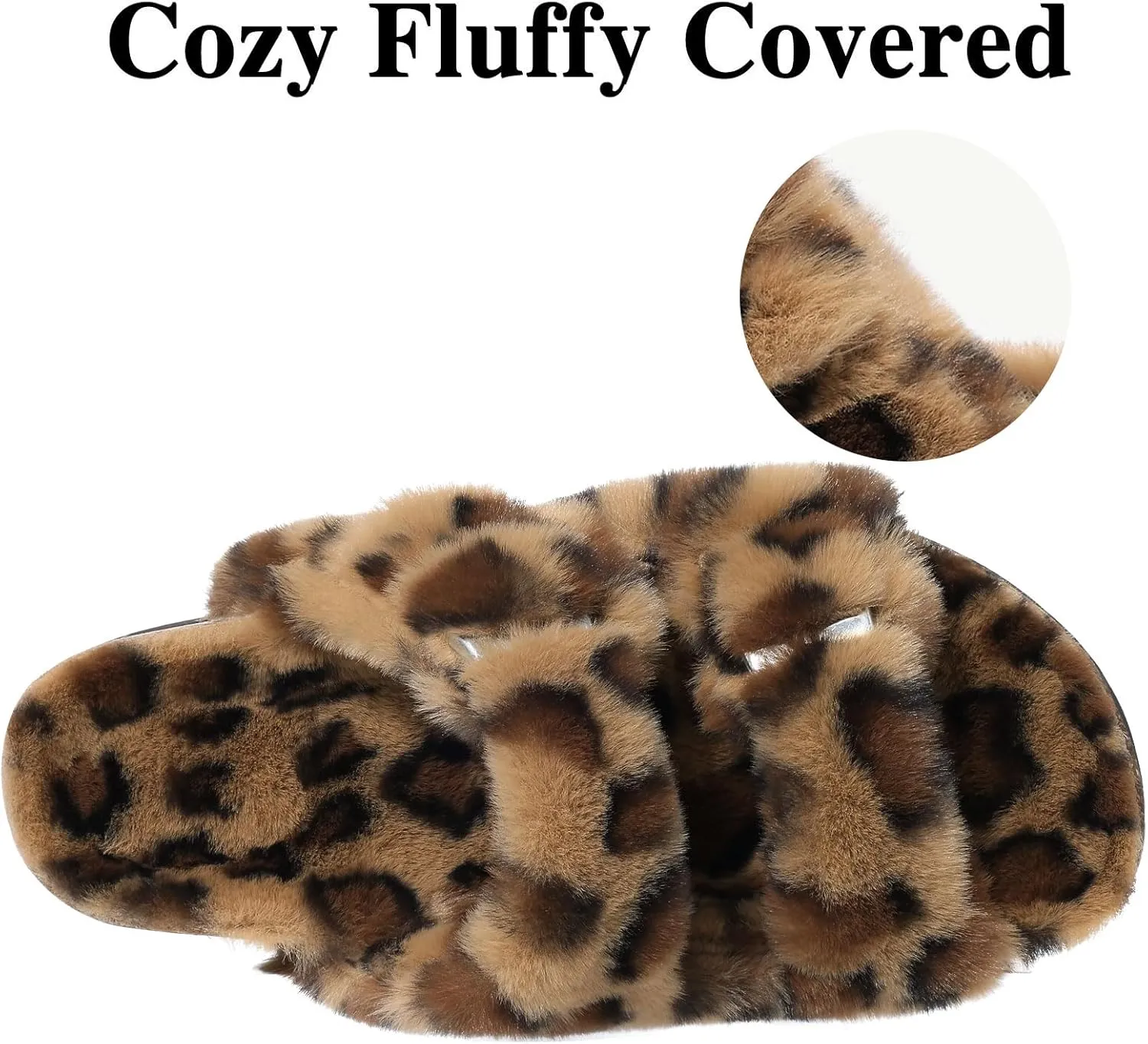 KIDMI Fuzzy Slippers Women with Cork Footbed Fluffy Slides Open Toe Indoor House Shoes | Arch Support | Adjustable Buckles