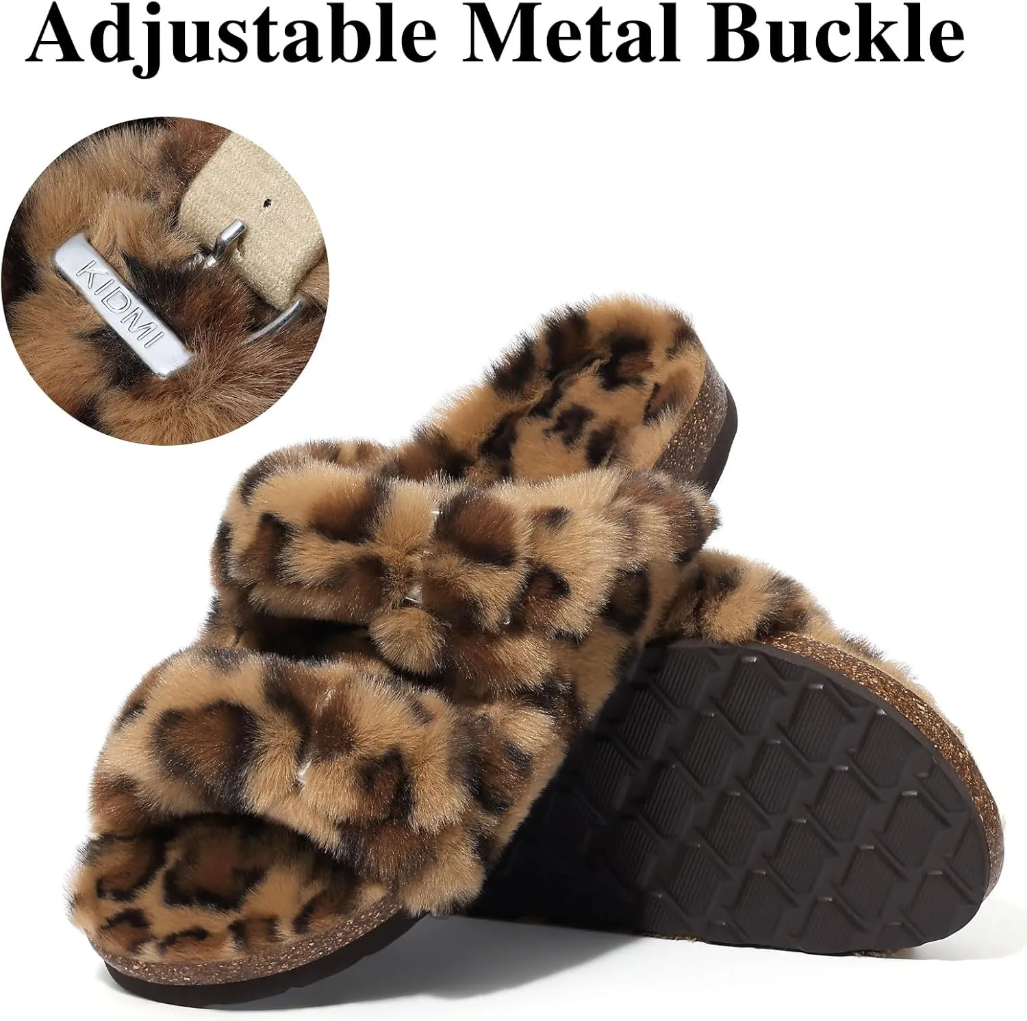 KIDMI Fuzzy Slippers Women with Cork Footbed Fluffy Slides Open Toe Indoor House Shoes | Arch Support | Adjustable Buckles