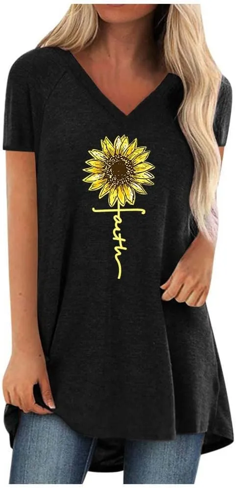 KKG Tops Tunics for Women to Wear with Leggings, Casual Loose Fit V Neck Short/Long Sleeves T Shirt