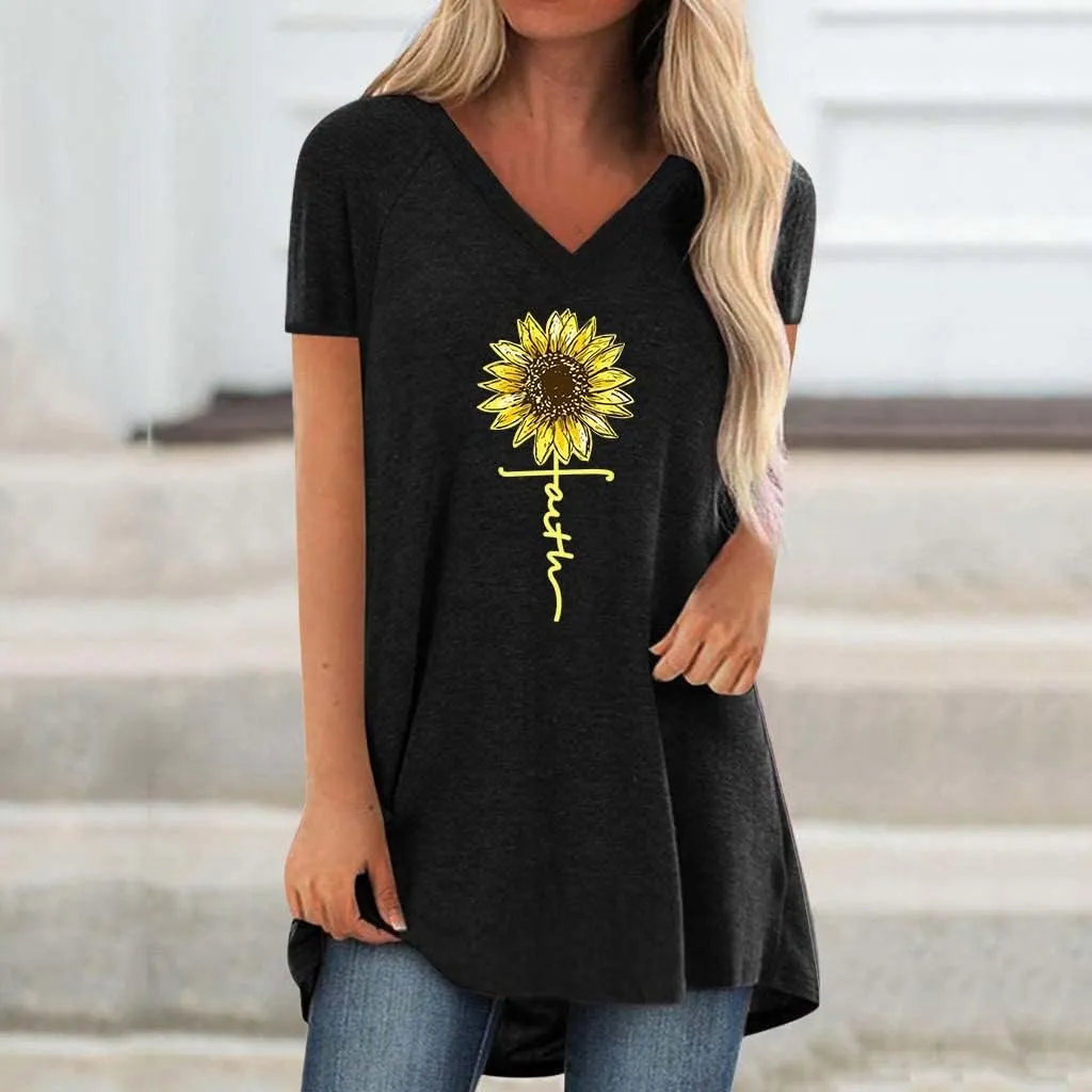 KKG Tops Tunics for Women to Wear with Leggings, Casual Loose Fit V Neck Short/Long Sleeves T Shirt