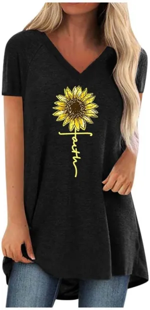 KKG Tops Tunics for Women to Wear with Leggings, Casual Loose Fit V Neck Short/Long Sleeves T Shirt