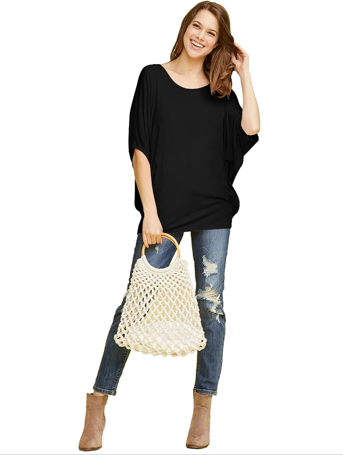 Lock and Love Women's Solid Scoop Neck Short Sleeve Loose Blouse Batwing Dolman Top Oversize