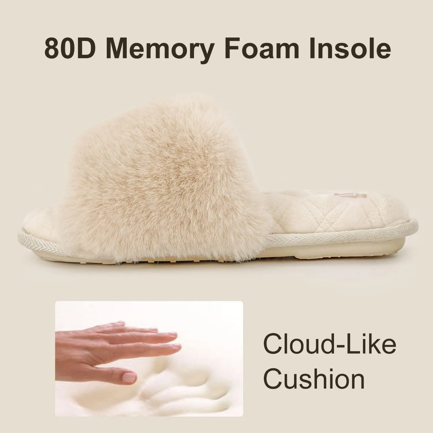 LongBay Women's Fuzzy Faux Fur Memory Foam Cozy Flat Spa Slide Slippers Comfy Open Toe Slip On House Shoes Sandals