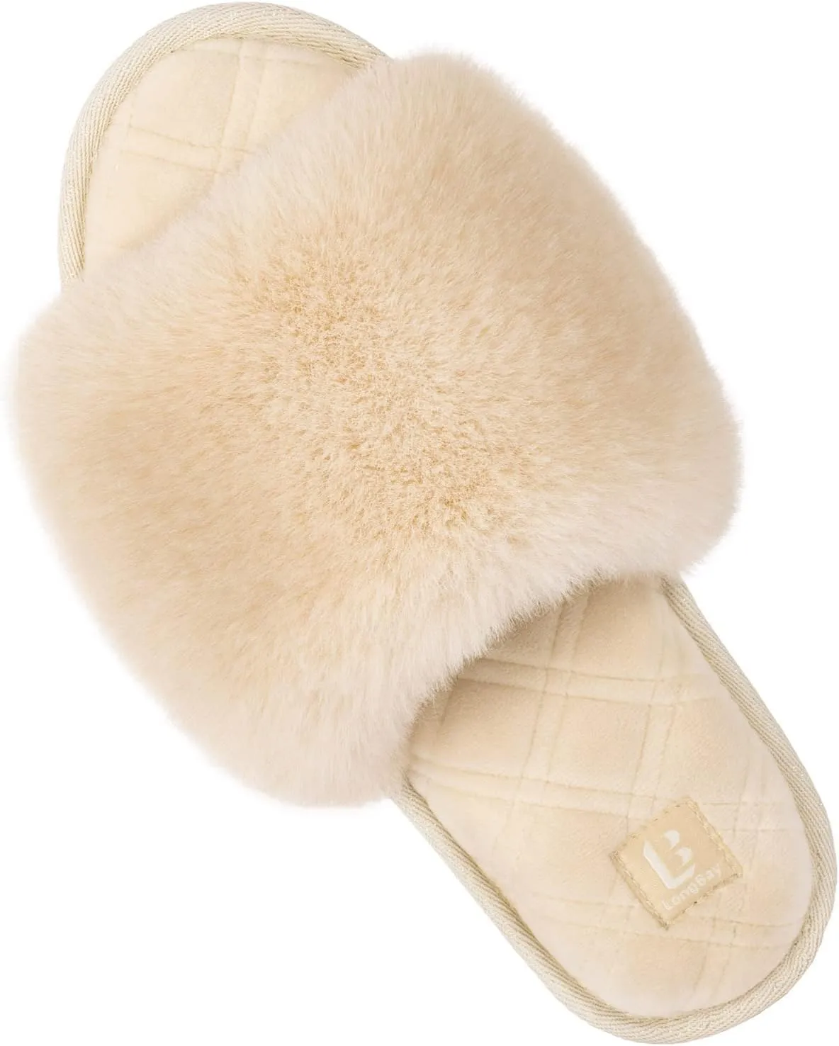 LongBay Women's Fuzzy Faux Fur Memory Foam Cozy Flat Spa Slide Slippers Comfy Open Toe Slip On House Shoes Sandals