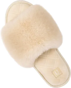 LongBay Women's Fuzzy Faux Fur Memory Foam Cozy Flat Spa Slide Slippers Comfy Open Toe Slip On House Shoes Sandals