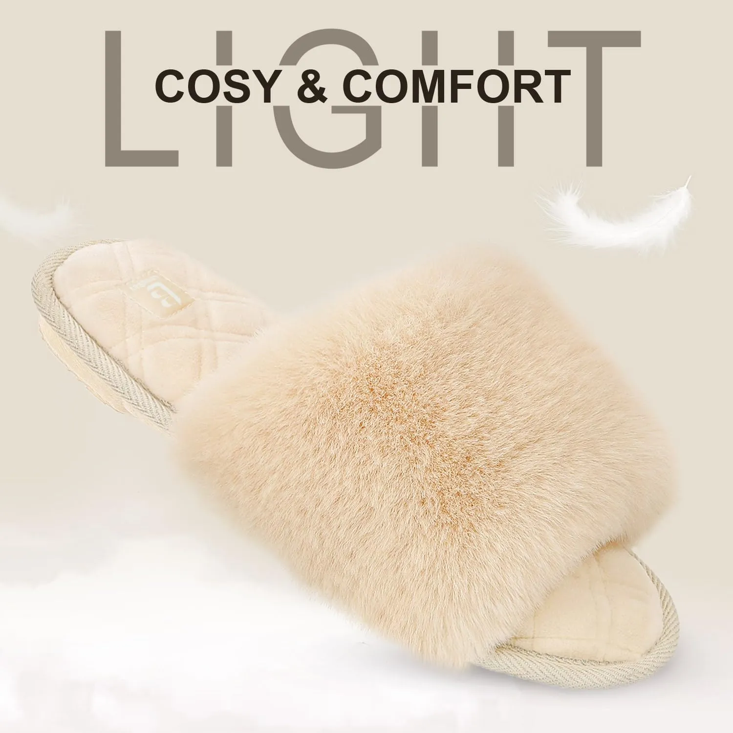 LongBay Women's Fuzzy Faux Fur Memory Foam Cozy Flat Spa Slide Slippers Comfy Open Toe Slip On House Shoes Sandals