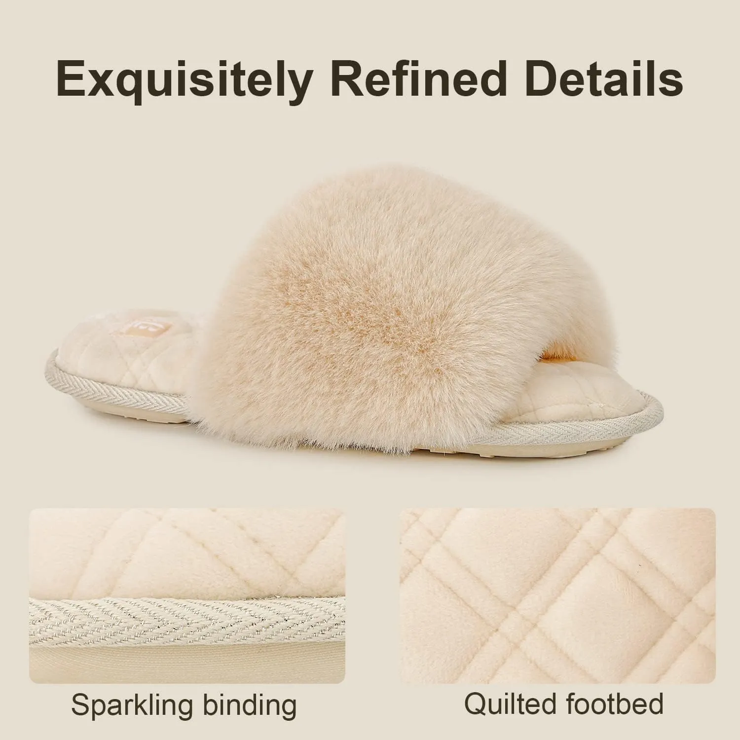 LongBay Women's Fuzzy Faux Fur Memory Foam Cozy Flat Spa Slide Slippers Comfy Open Toe Slip On House Shoes Sandals