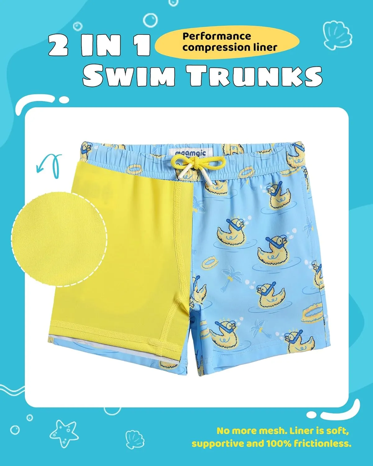 maamgic Boys Swim Trunks with Compression Liner Toddler Stretch Swim Shorts