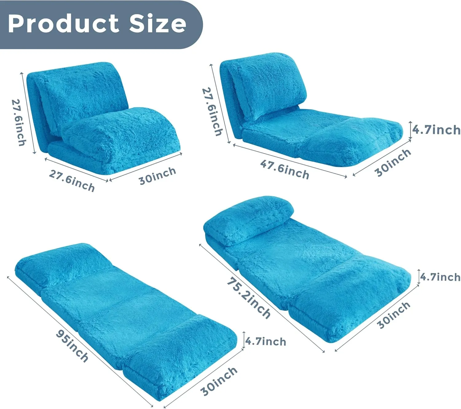 MAXYOYO Bean Bag Bed Floor Bed, Faux Fur Floor Sofa Floor Chairs for Adults, Folding Sofa Bed Foam Filling Wall Couch Sleeper Chairs Single Size Floor Mattress, Blue, 30x95 Inch