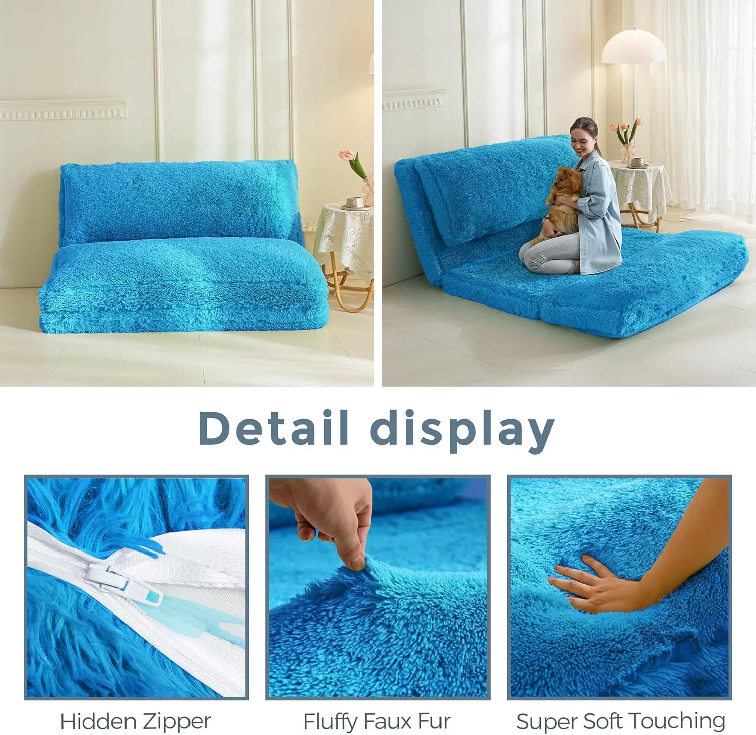 MAXYOYO Bean Bag Bed Floor Bed, Faux Fur Floor Sofa Floor Chairs for Adults, Folding Sofa Bed Foam Filling Wall Couch Sleeper Chairs Single Size Floor Mattress, Blue, 30x95 Inch