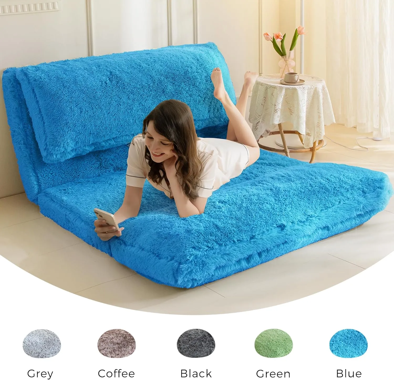 MAXYOYO Bean Bag Bed Floor Bed, Faux Fur Floor Sofa Floor Chairs for Adults, Folding Sofa Bed Foam Filling Wall Couch Sleeper Chairs Single Size Floor Mattress, Blue, 30x95 Inch