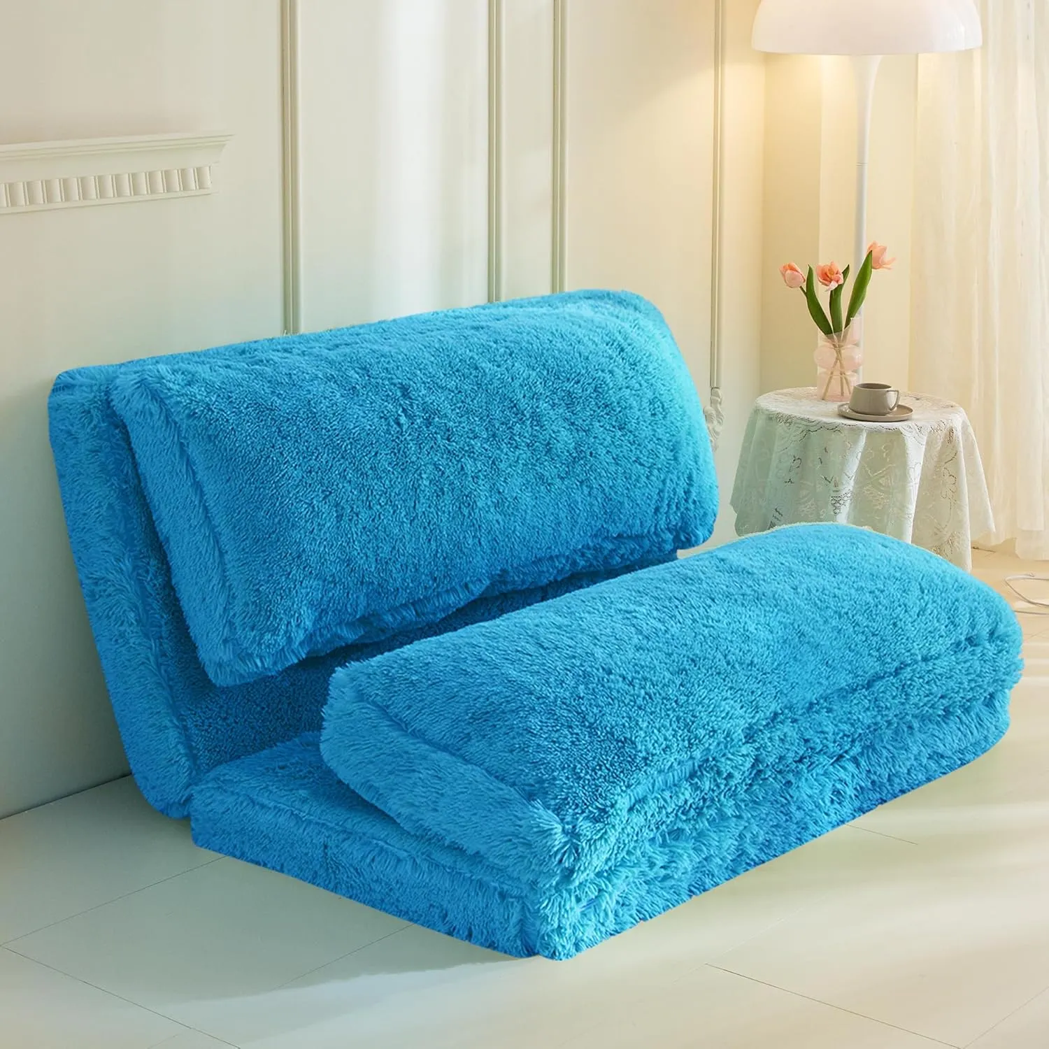 MAXYOYO Bean Bag Bed Floor Bed, Faux Fur Floor Sofa Floor Chairs for Adults, Folding Sofa Bed Foam Filling Wall Couch Sleeper Chairs Single Size Floor Mattress, Blue, 30x95 Inch