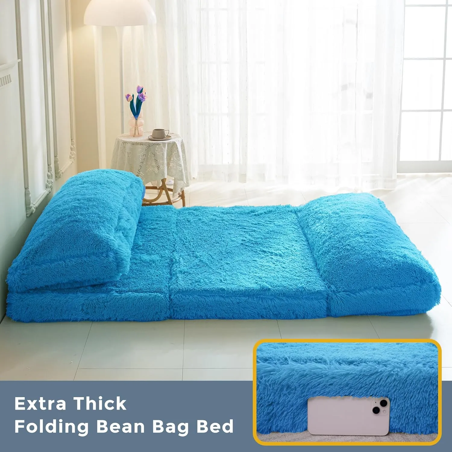 MAXYOYO Bean Bag Bed Floor Bed, Faux Fur Floor Sofa Floor Chairs for Adults, Folding Sofa Bed Foam Filling Wall Couch Sleeper Chairs Single Size Floor Mattress, Blue, 30x95 Inch
