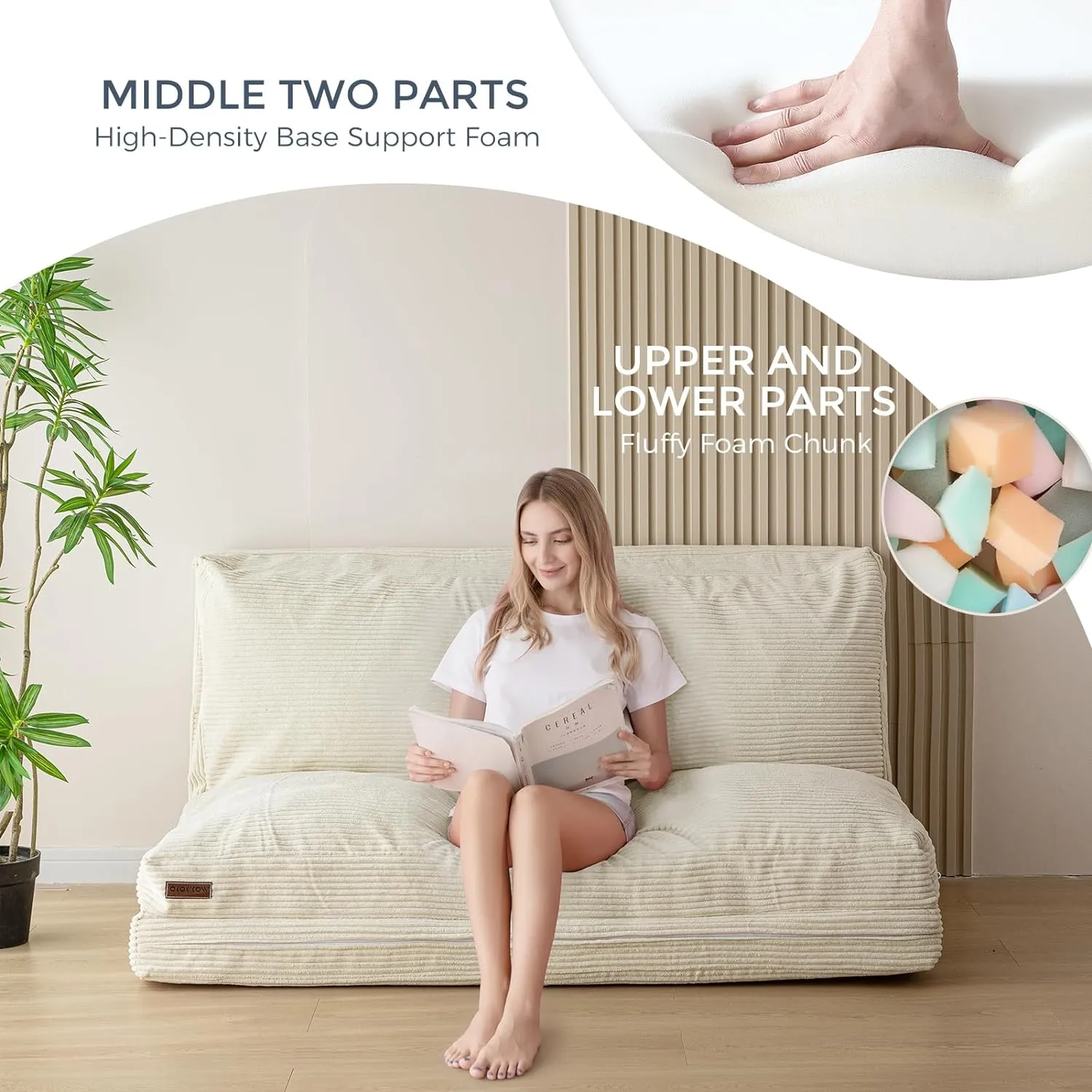 MAXYOYO Bean Bag Bed Folding Sofa Bed Floor Mattress for Adults, Extra Thick and Long Floor Sofa with Corded Washable Cover, Beige, 54x95 Inch