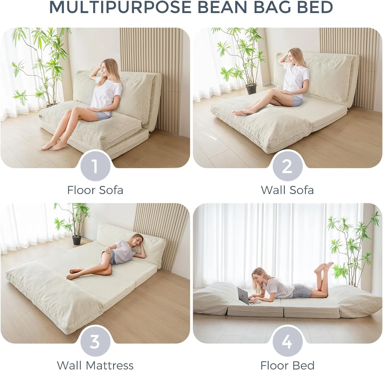 MAXYOYO Bean Bag Bed Folding Sofa Bed Floor Mattress for Adults, Extra Thick and Long Floor Sofa with Corded Washable Cover, Beige, 54x95 Inch