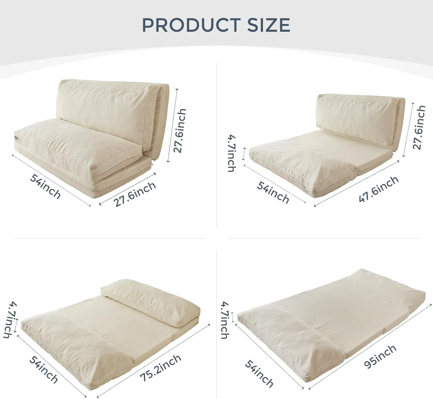 MAXYOYO Bean Bag Bed Folding Sofa Bed Floor Mattress for Adults, Extra Thick and Long Floor Sofa with Corded Washable Cover, Beige, 54x95 Inch