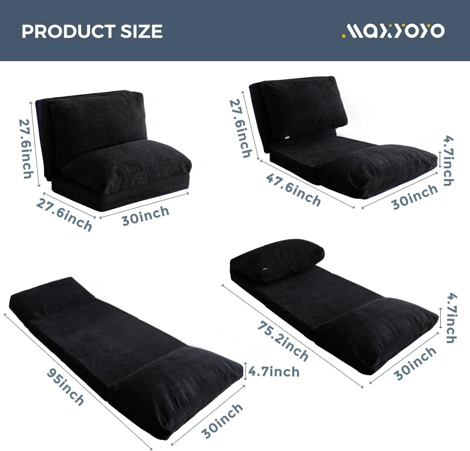 MAXYOYO Bean Bag Bed Folding Sofa Bed Floor Mattress for Adults, Extra Thick and Long Floor Sofa with Corded Washable Cover, Black, 30"x95"