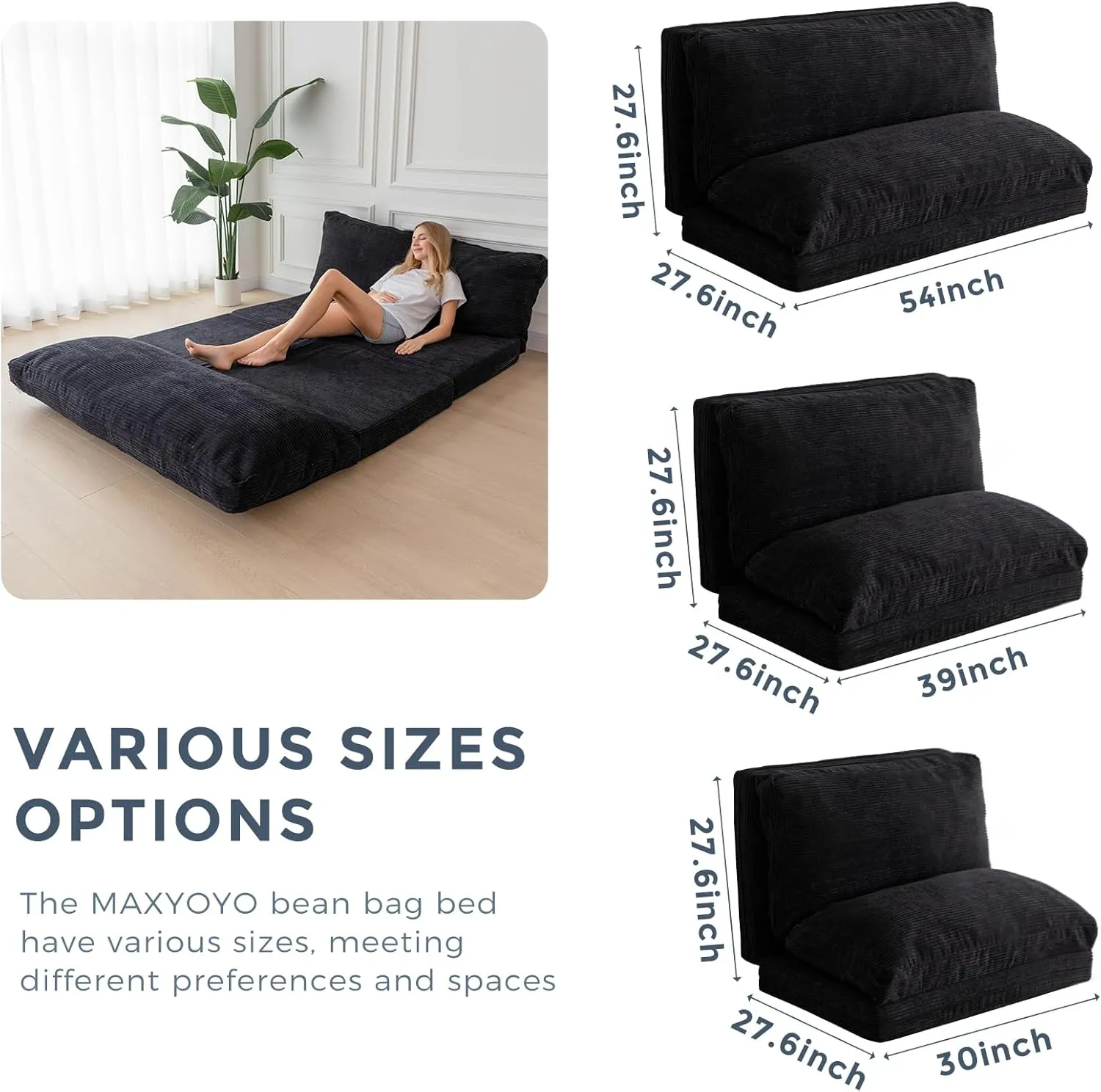 MAXYOYO Bean Bag Bed Folding Sofa Bed Floor Mattress for Adults, Extra Thick and Long Floor Sofa with Corded Washable Cover, Black, 39x95 Inch