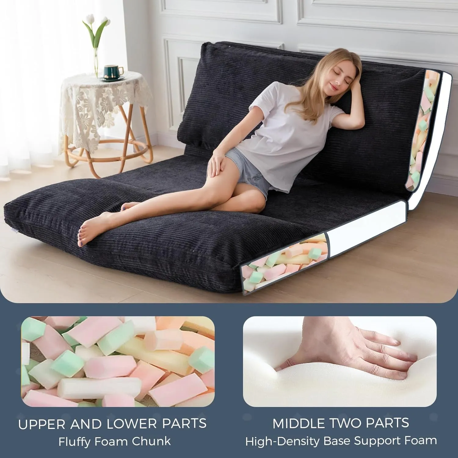MAXYOYO Bean Bag Bed Folding Sofa Bed Floor Mattress for Adults, Extra Thick and Long Floor Sofa with Corded Washable Cover, Black, 39x95 Inch