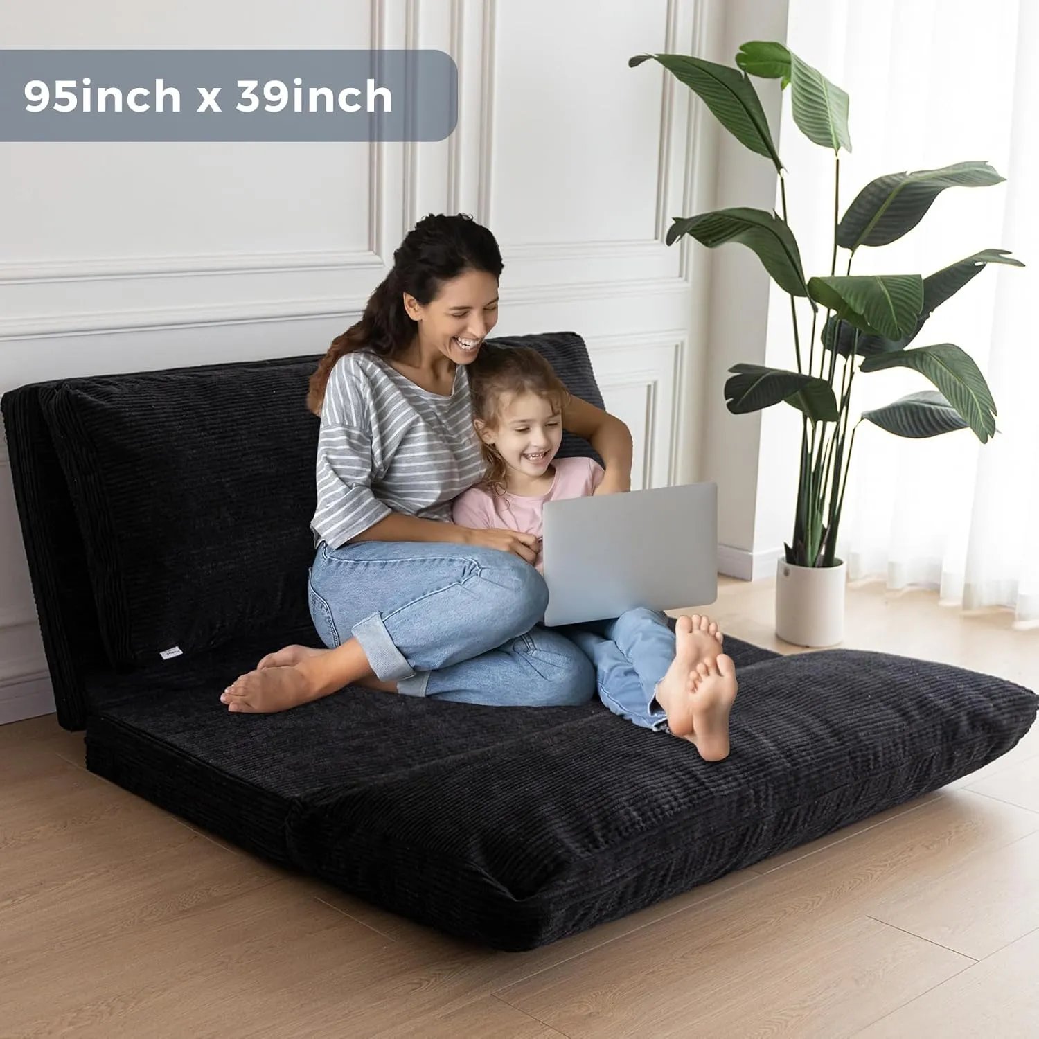 MAXYOYO Bean Bag Bed Folding Sofa Bed Floor Mattress for Adults, Extra Thick and Long Floor Sofa with Corded Washable Cover, Black, 39x95 Inch
