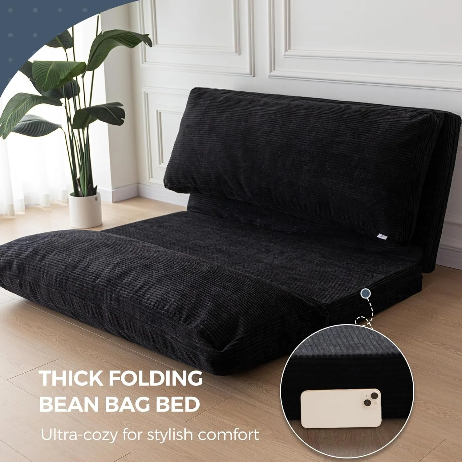 MAXYOYO Bean Bag Bed Folding Sofa Bed Floor Mattress for Adults, Extra Thick and Long Floor Sofa with Corded Washable Cover, Black, 54x95 Inch