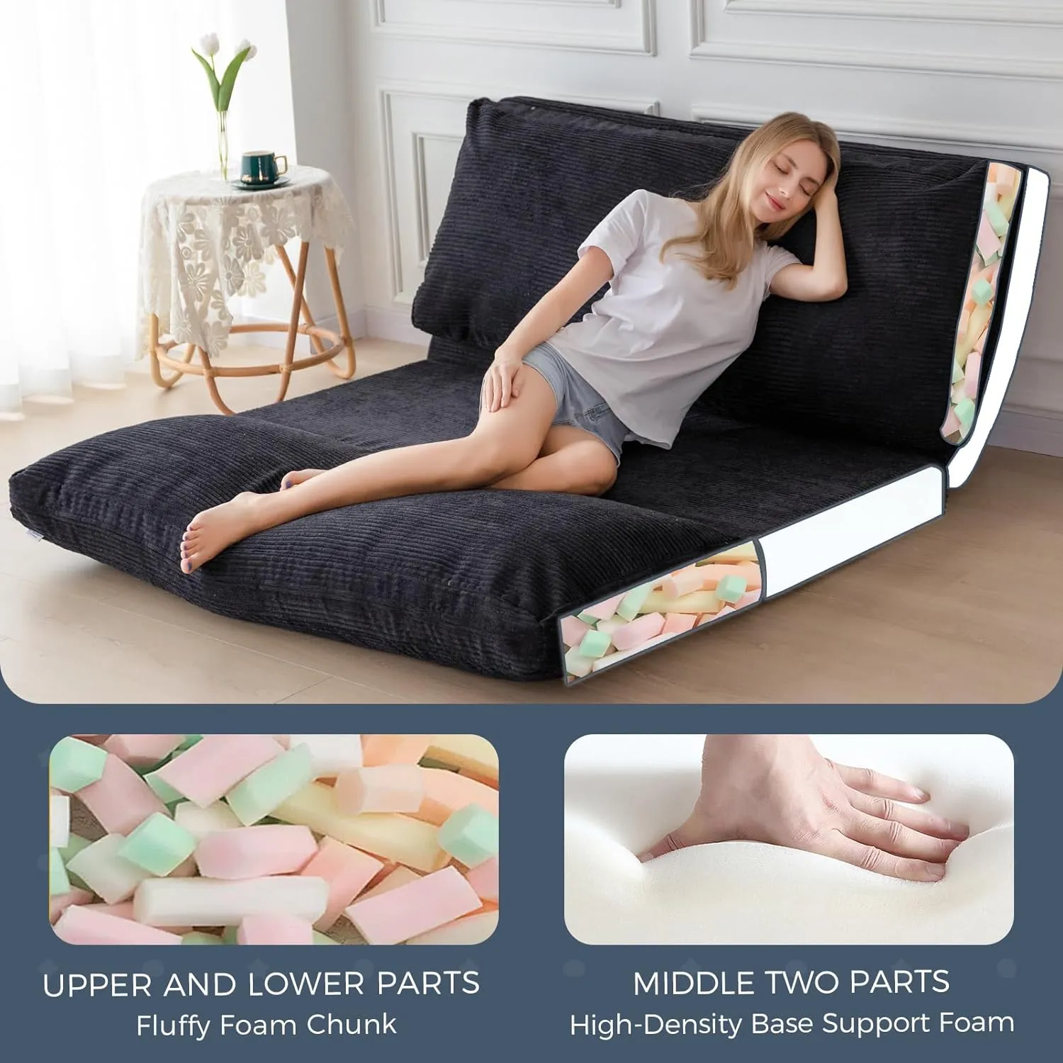 MAXYOYO Bean Bag Bed Folding Sofa Bed Floor Mattress for Adults, Extra Thick and Long Floor Sofa with Corded Washable Cover, Black, 54x95 Inch