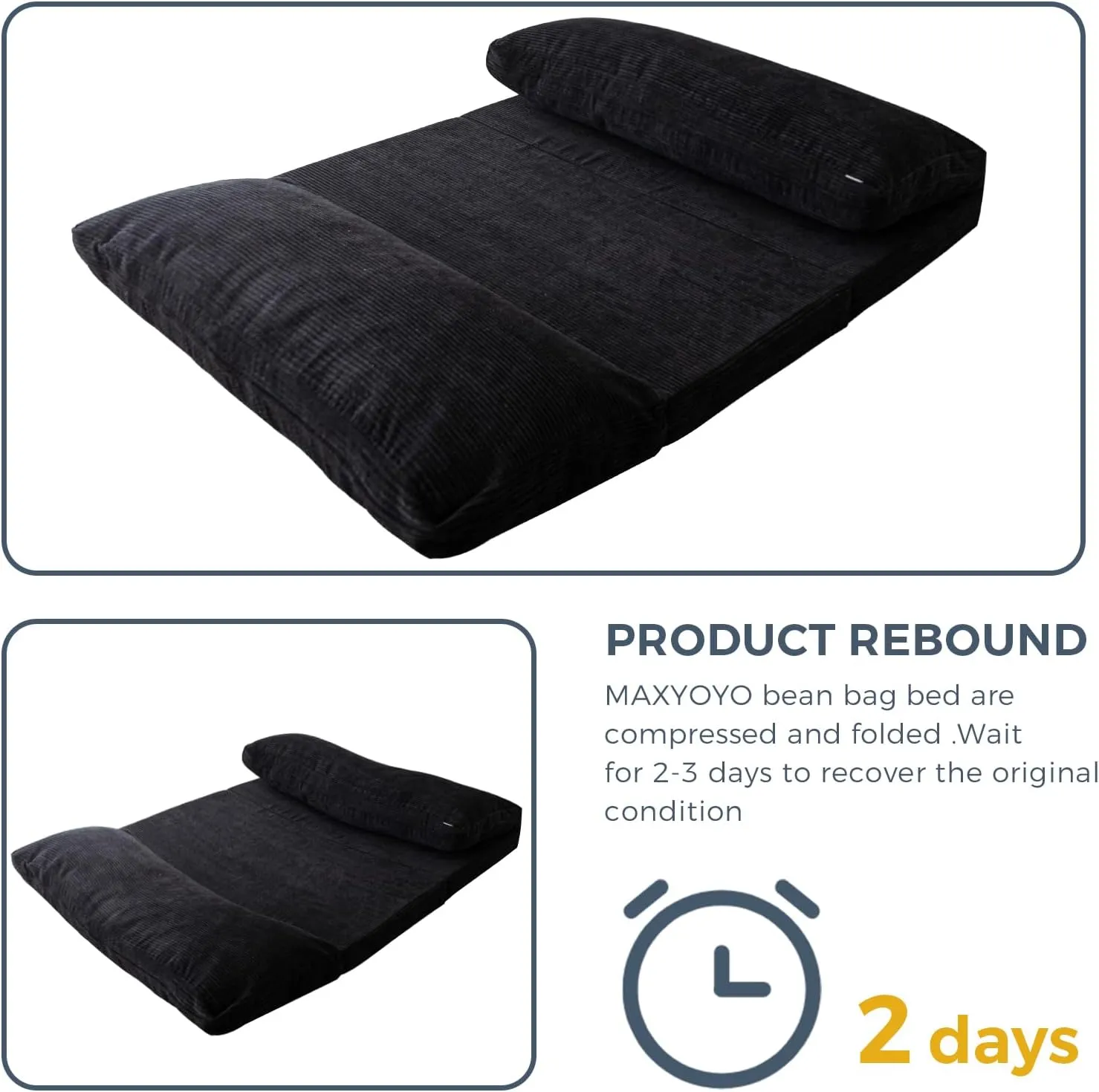 MAXYOYO Bean Bag Bed Folding Sofa Bed Floor Mattress for Adults, Extra Thick and Long Floor Sofa with Corded Washable Cover, Black, 54x95 Inch