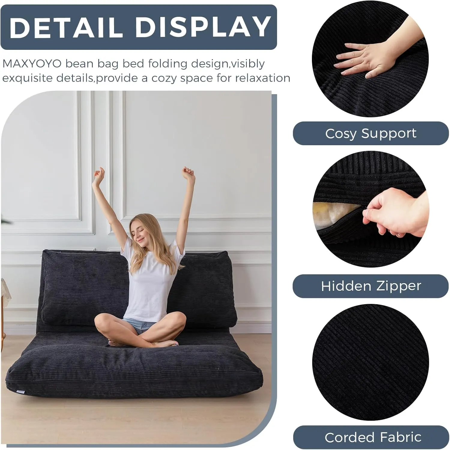 MAXYOYO Bean Bag Bed Folding Sofa Bed Floor Mattress for Adults, Extra Thick and Long Floor Sofa with Corded Washable Cover, Black, 54x95 Inch