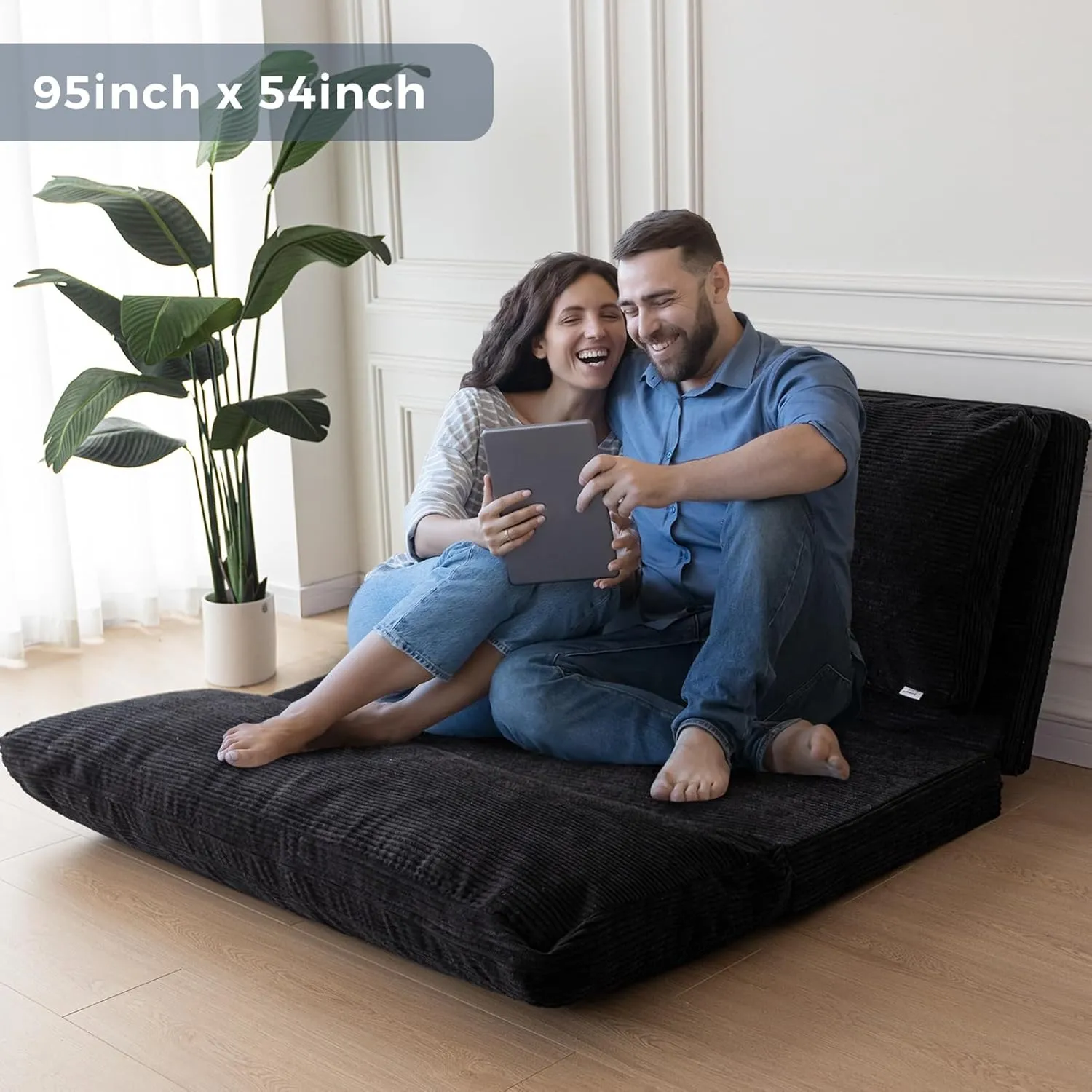 MAXYOYO Bean Bag Bed Folding Sofa Bed Floor Mattress for Adults, Extra Thick and Long Floor Sofa with Corded Washable Cover, Black, 54x95 Inch