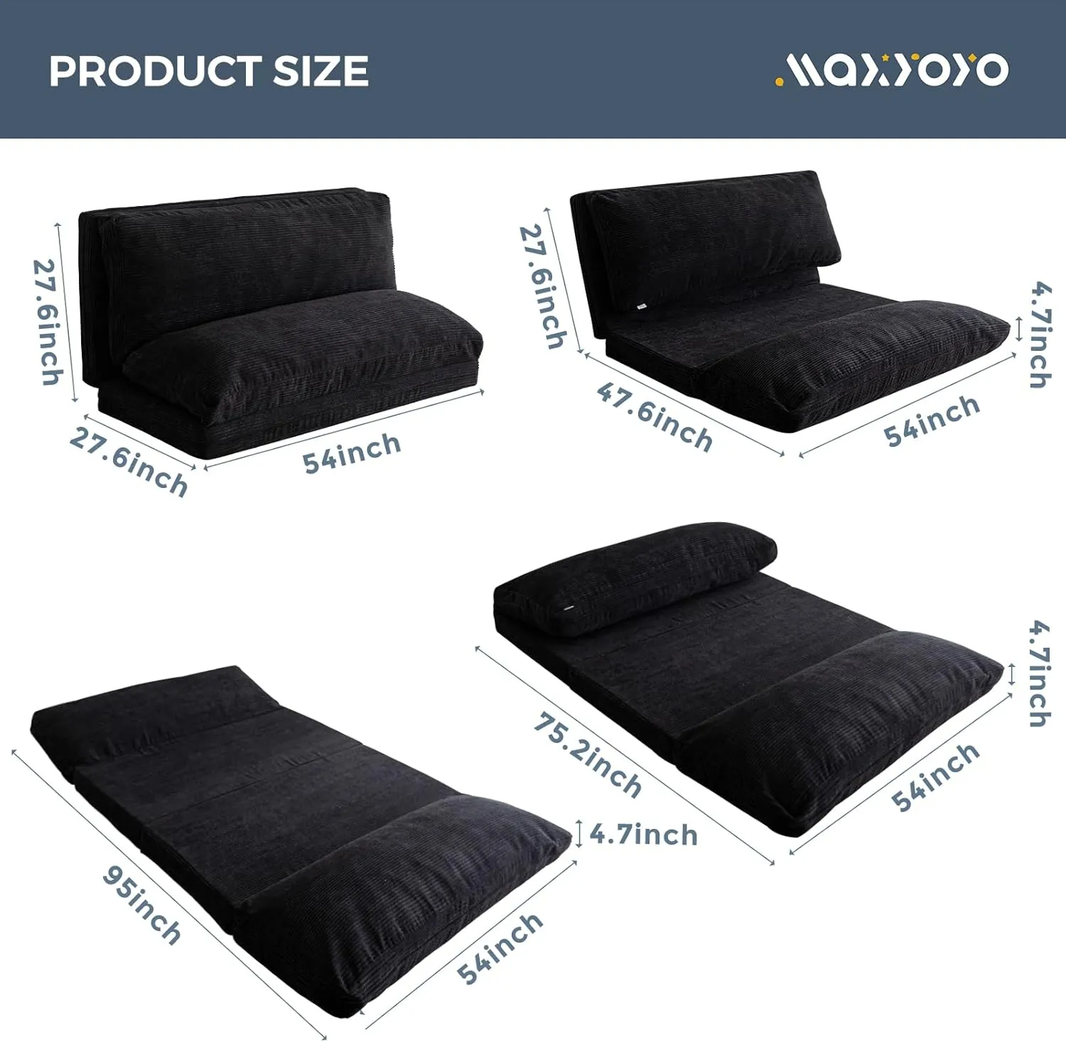 MAXYOYO Bean Bag Bed Folding Sofa Bed Floor Mattress for Adults, Extra Thick and Long Floor Sofa with Corded Washable Cover, Black, 54x95 Inch