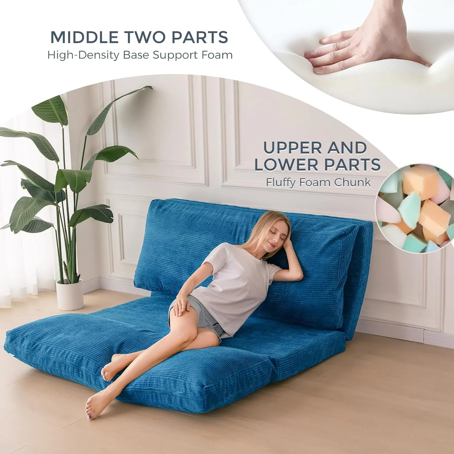 MAXYOYO Bean Bag Bed Folding Sofa Bed Floor Mattress for Adults, Extra Thick and Long Floor Sofa with Corded Washable Cover, Blue