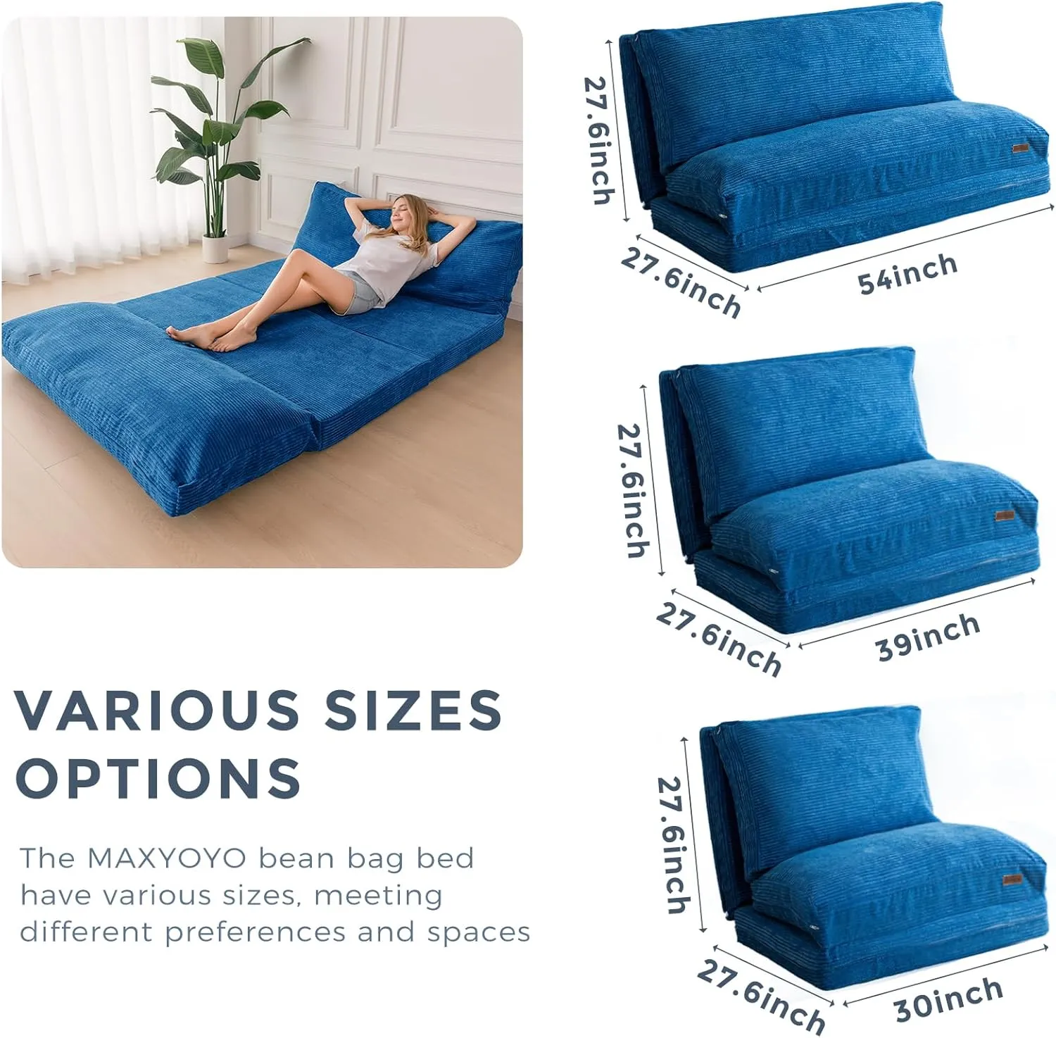 MAXYOYO Bean Bag Bed Folding Sofa Bed Floor Mattress for Adults, Extra Thick and Long Floor Sofa with Corded Washable Cover, Blue